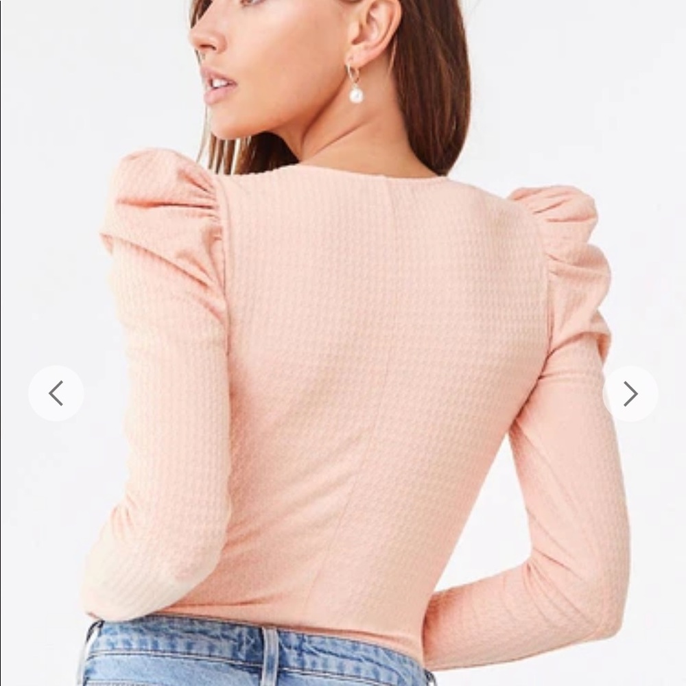 🎉🎉 🎉Host Pick! NWT! Forever 21 Puff Shoulder Houndstooth Knit Bodysuit- Peach - Picture 4 of 12